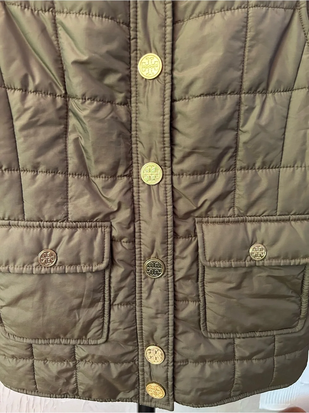 GUC Tory Burch Quilted Olive Vest with Gold Buttons size XS